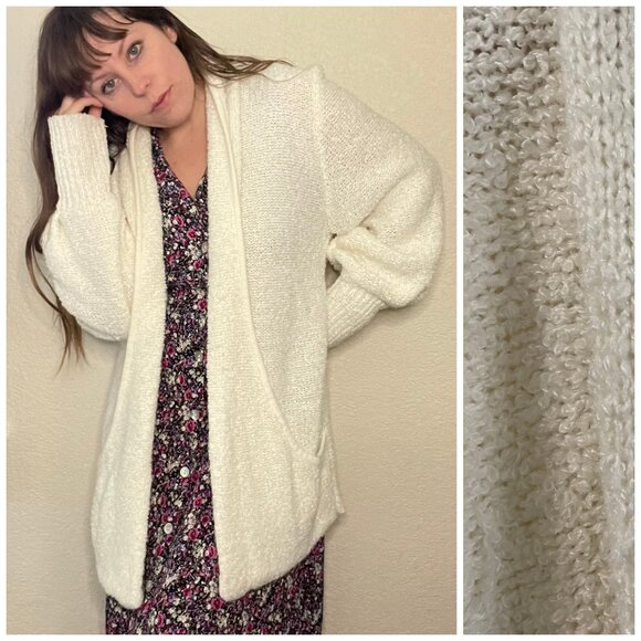 Vintage 80s White Chunky Knit Cardigan Slouchy Open Front Sweater | Size M-XL - Picture 1 of 13